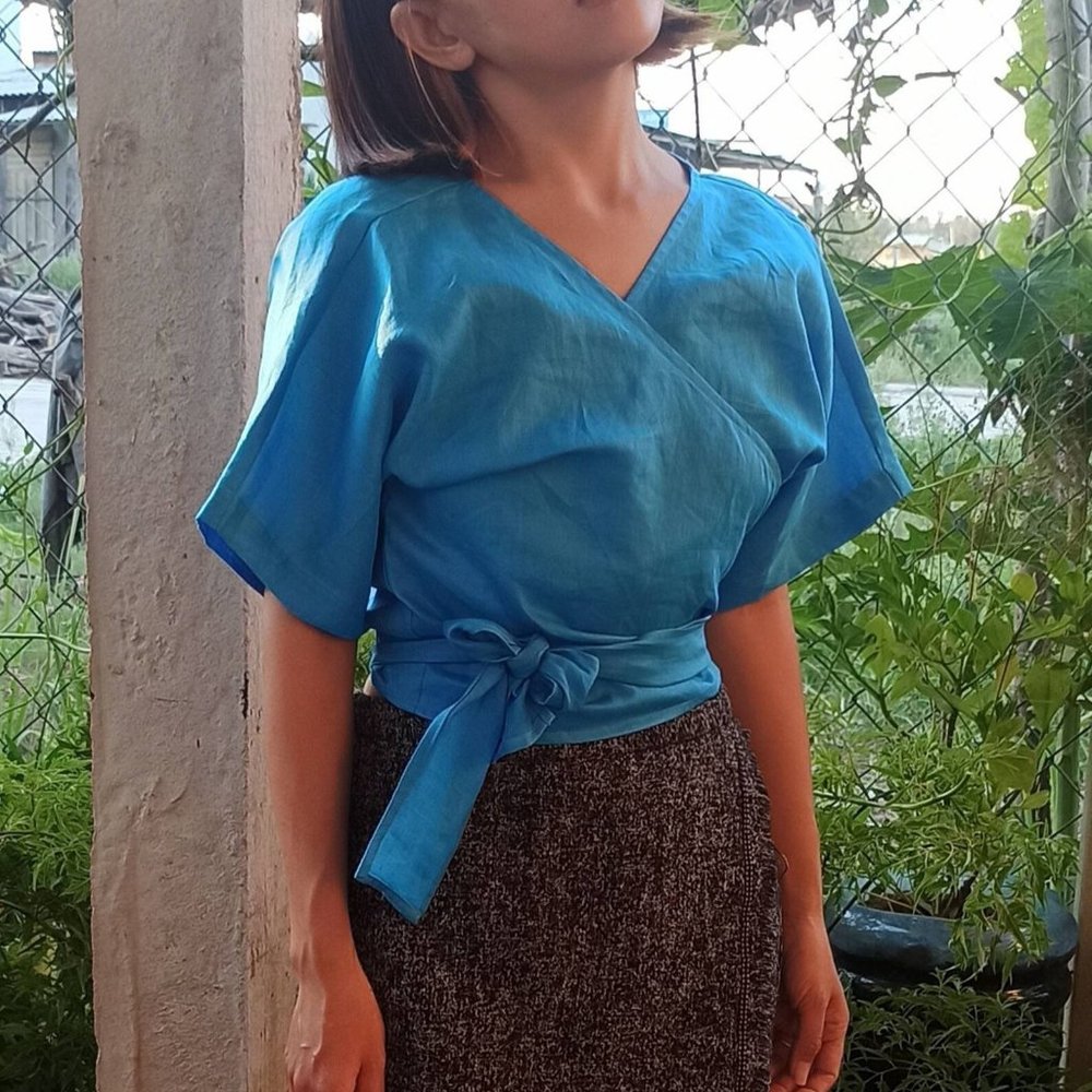 NWOT! Aqua Linen Wrap Top from Etsy